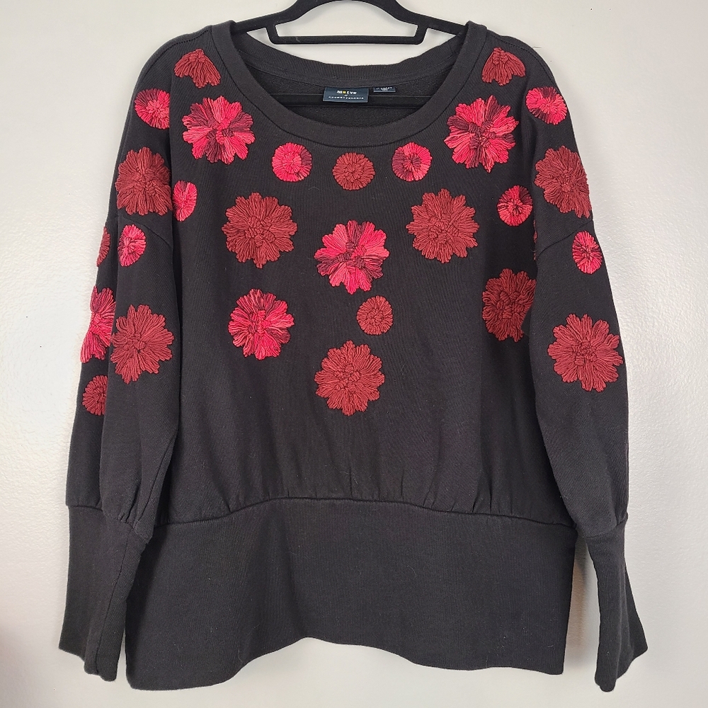 Anthropologie Maeve Black Cotton Pullover Black Sweater Red Floral Embroidery